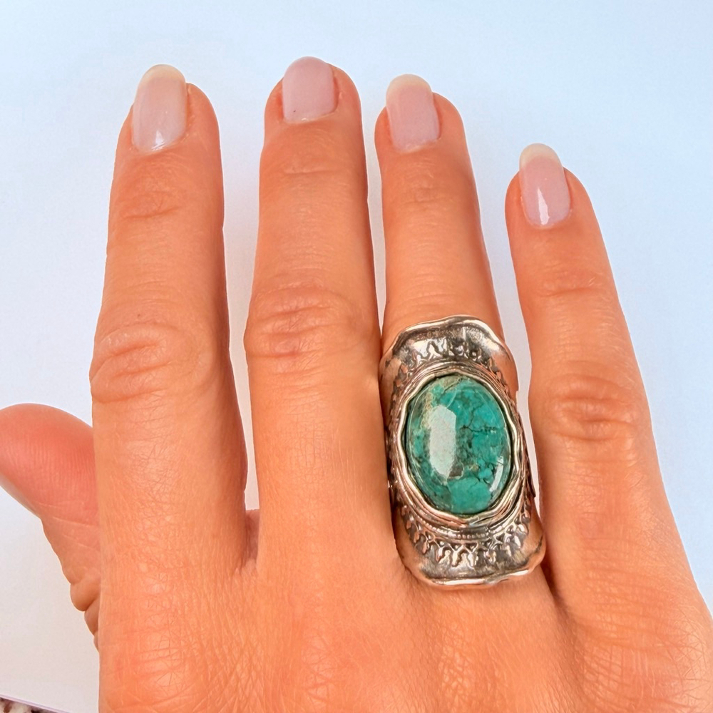 DIDAE 9.5CT Real Eliat Turquoise Sterling Silver Vintage Boho Saddle Israel Ring - Picture 9 of 12